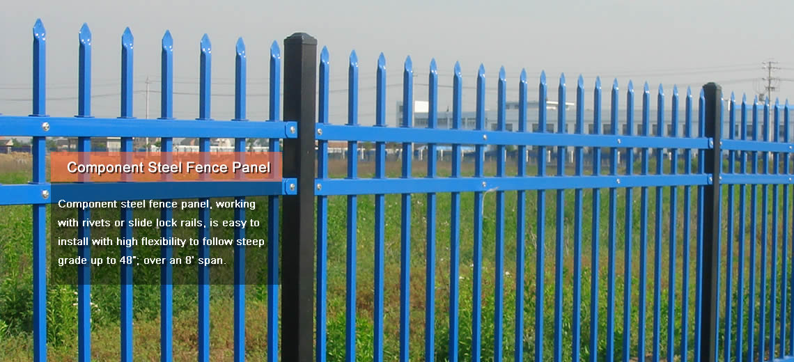 Blue painted component steel fences with black posts are used to protect factories.