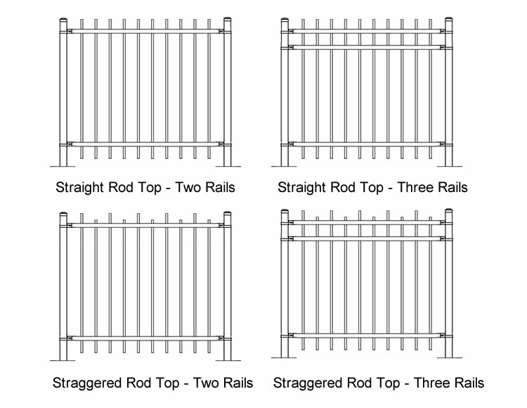 Four types od rod top steel fence panels including two or three horizontal rails with straight or staggered tops