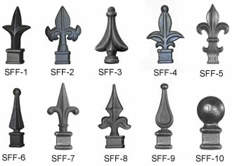 Ten types of finials for rod top steel fences.