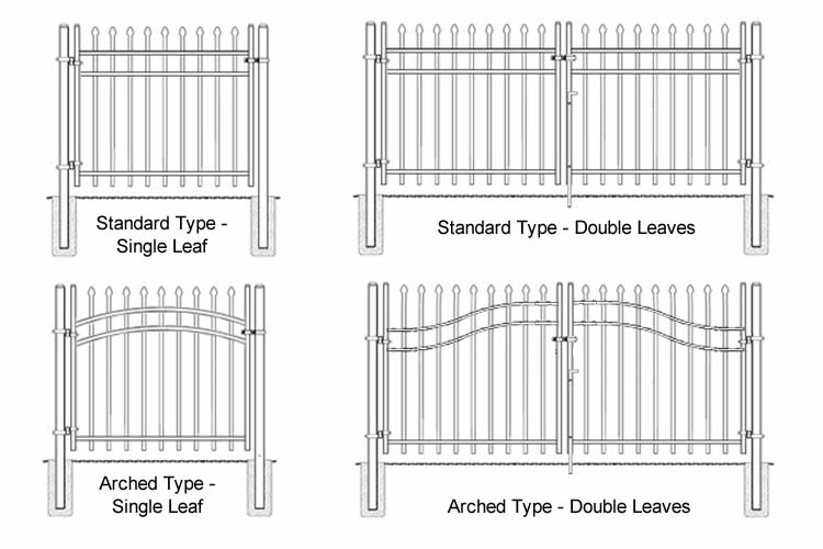 Four types of swing steel fence gates with one leaf or double leaves (standard type or arched type)