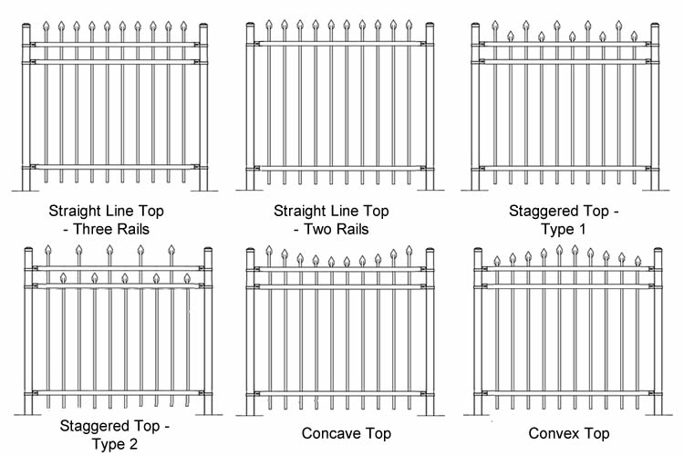 Six plan drawings of steel picket fencing patterns